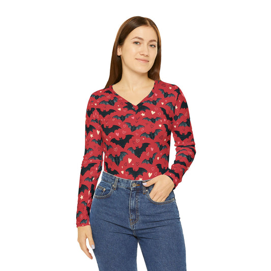 Women's Long Sleeve Shirt - Gothic Style Red Tee with Bats and Hearts