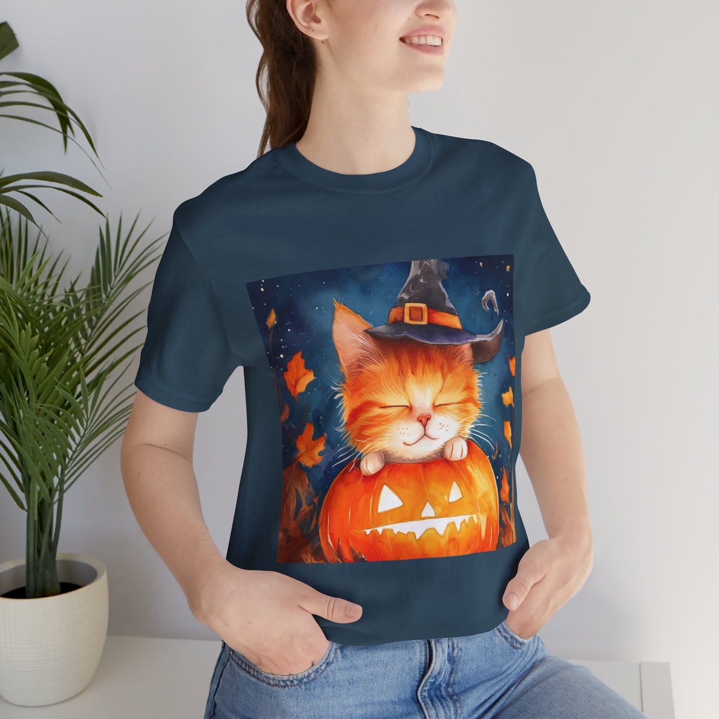 Cute Orange Cat on a pumpkin Unisex Jersey Short Sleeve Tee