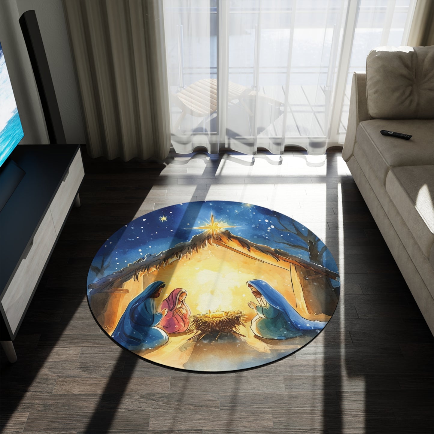 Watercolor Nativity Round Rug