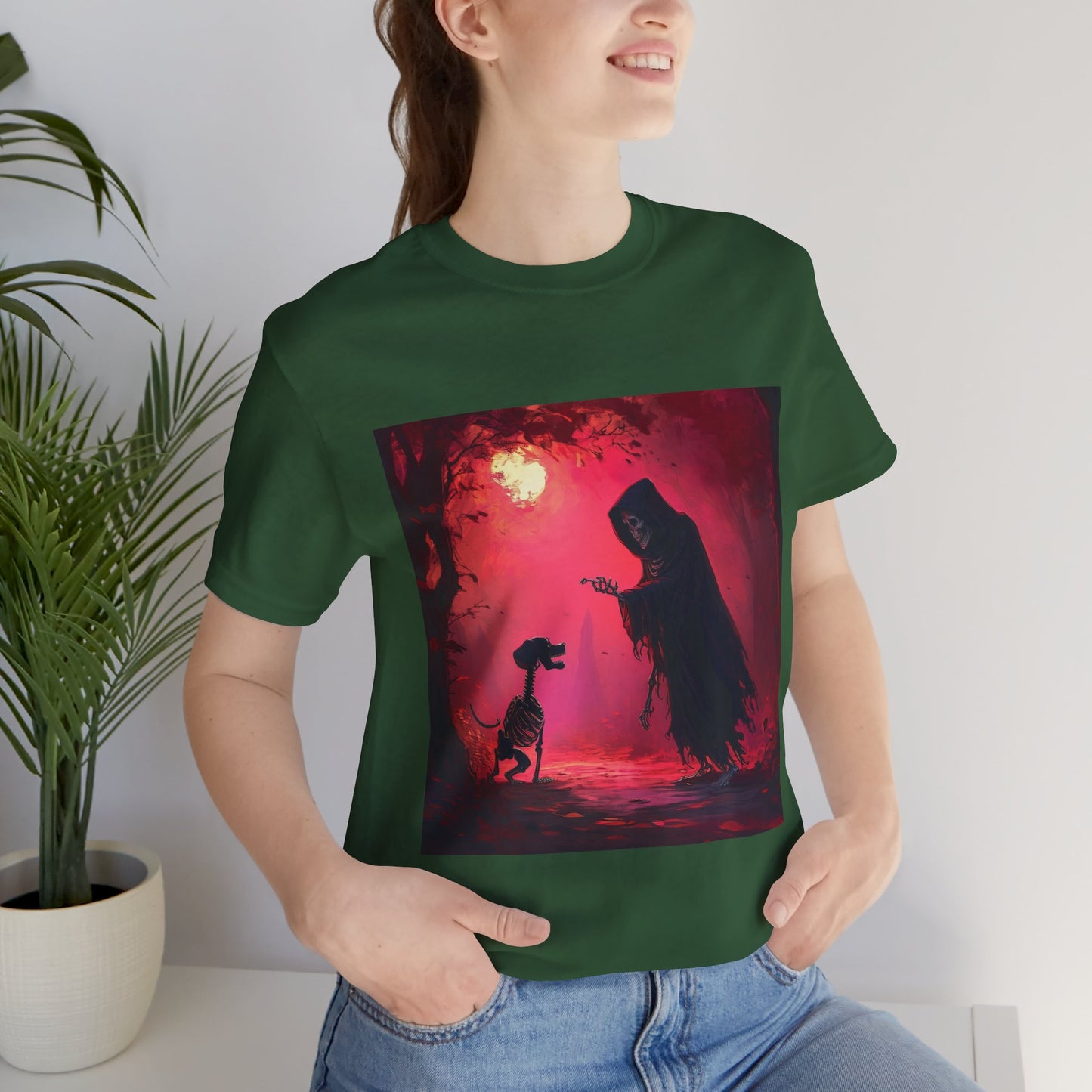 Grim Reaper Walking his DogUnisex Jersey Short Sleeve Tee