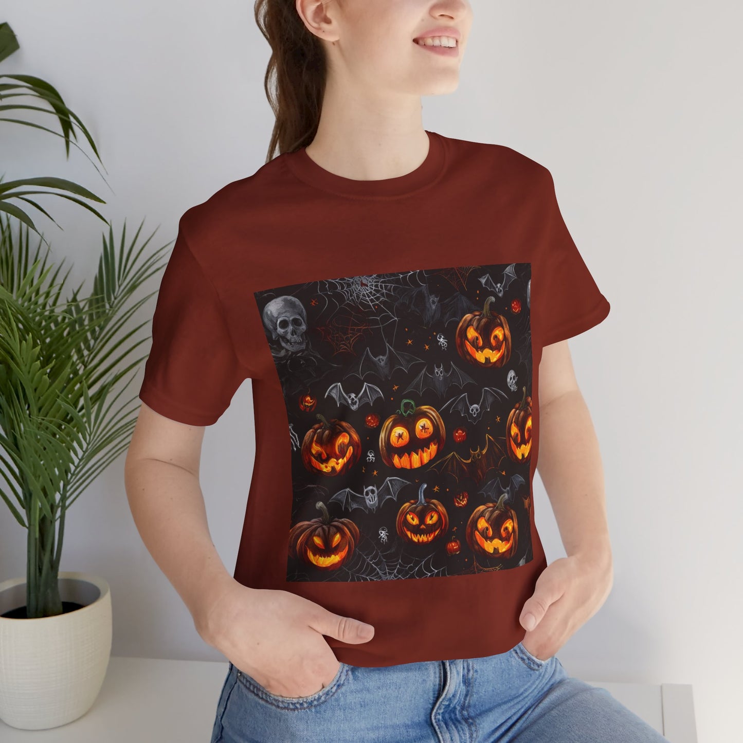 Spooky Pumpkin and Bats Pattern Unisex Jersey Short Sleeve Tee