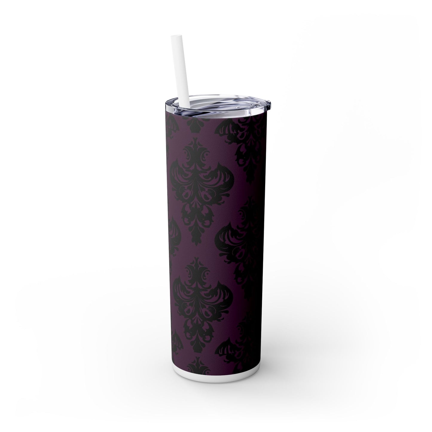 Purple and Black Victorian Damask Skinny Tumbler with Straw, 20oz