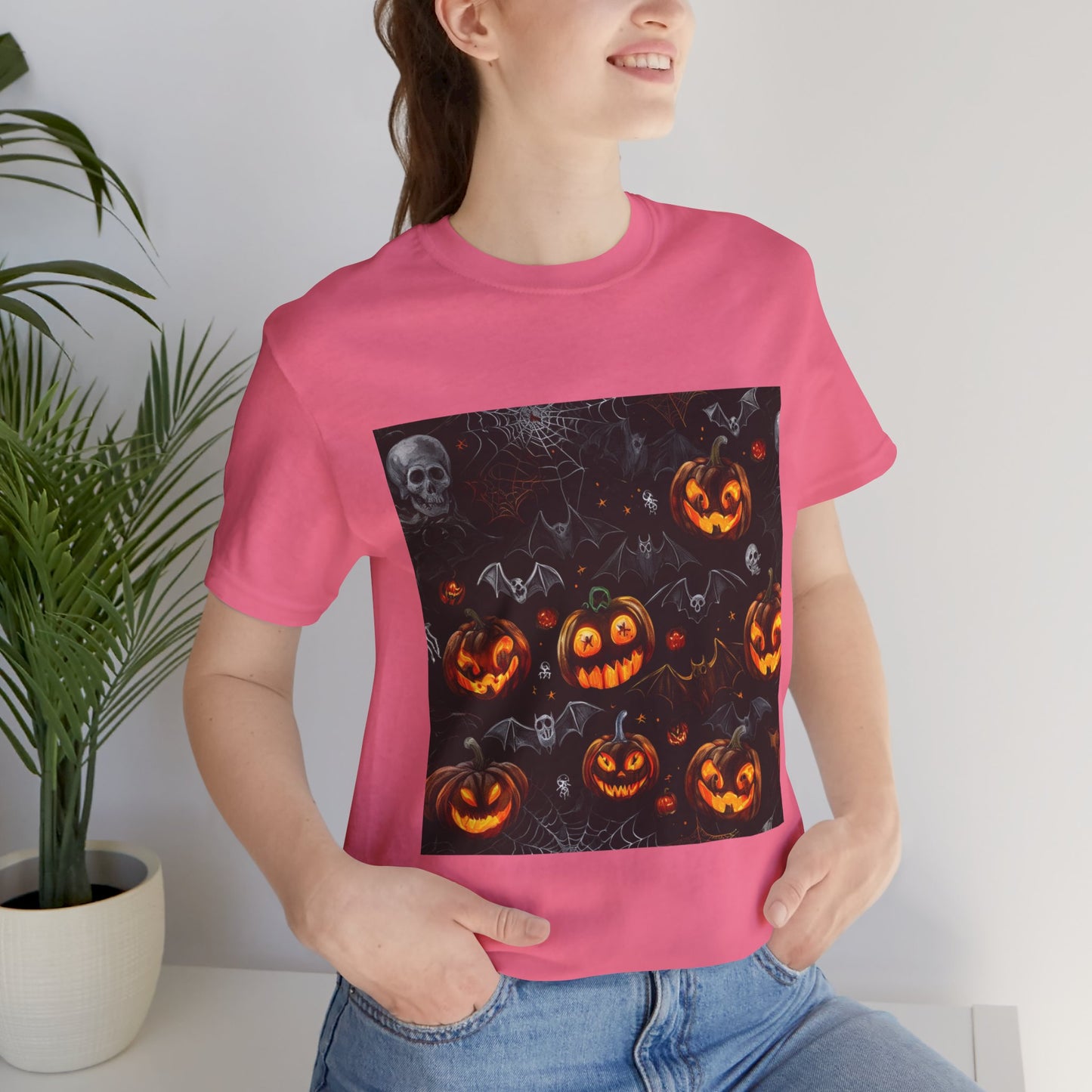 Spooky Pumpkin and Bats Pattern Unisex Jersey Short Sleeve Tee