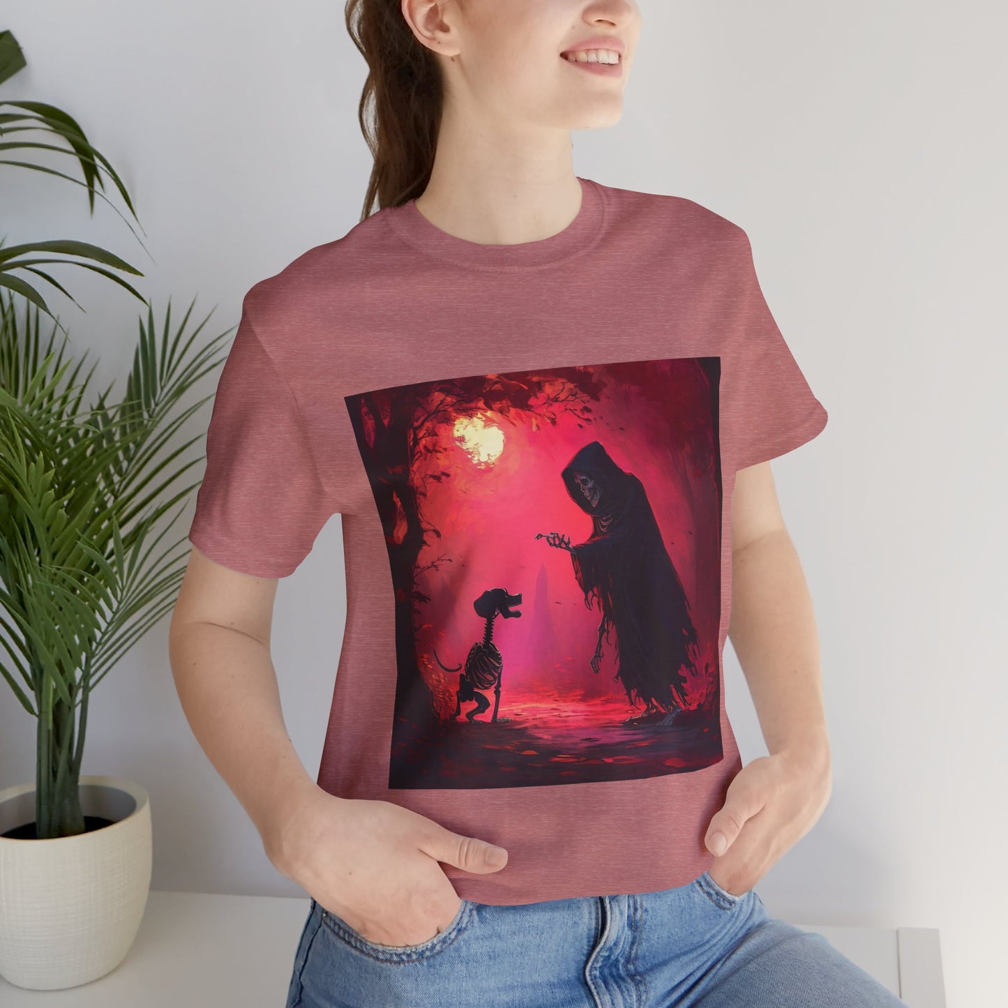 Grim Reaper Walking his DogUnisex Jersey Short Sleeve Tee