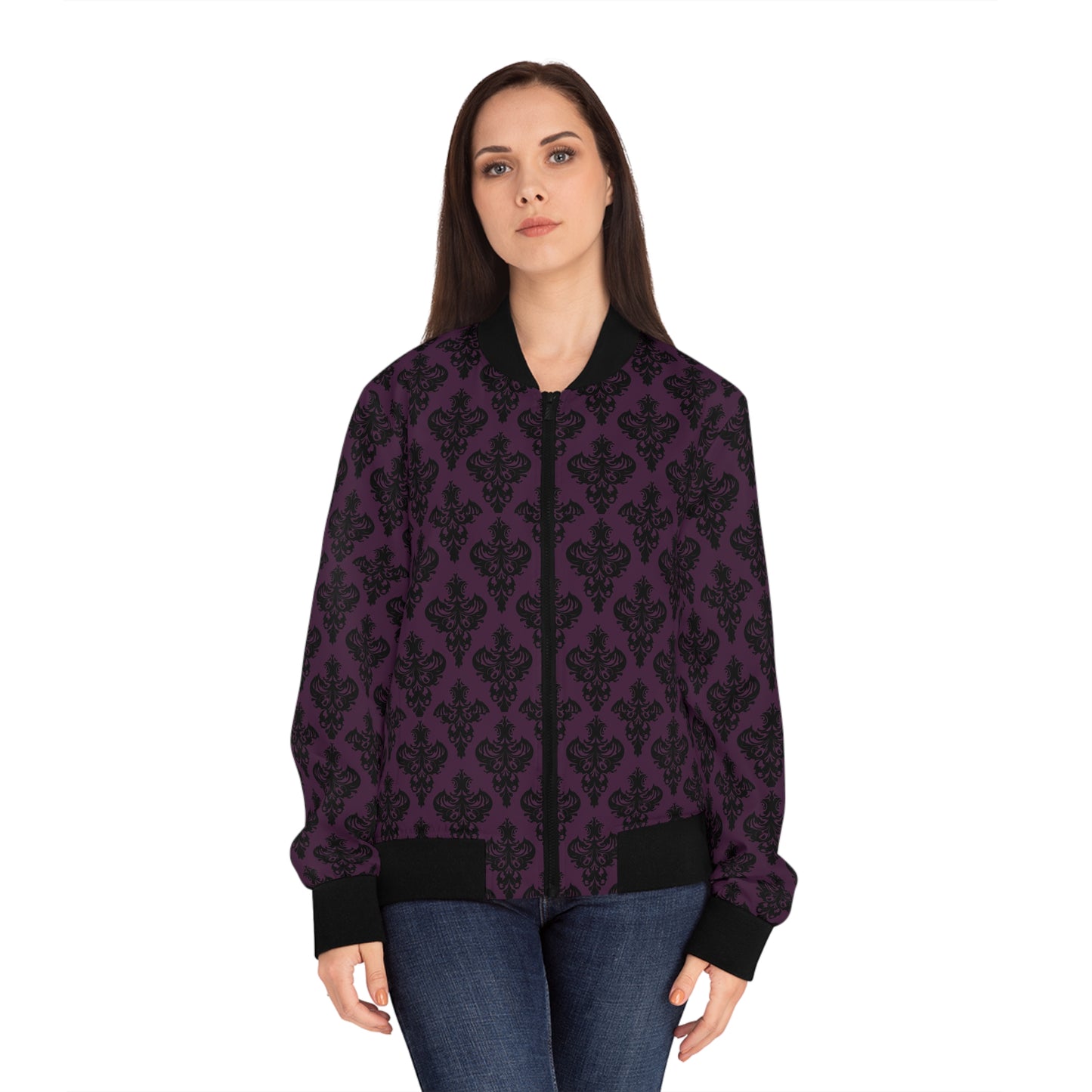 Purple and Black Victorian Gothic Pattern Women's Bomber Jacket (AOP)