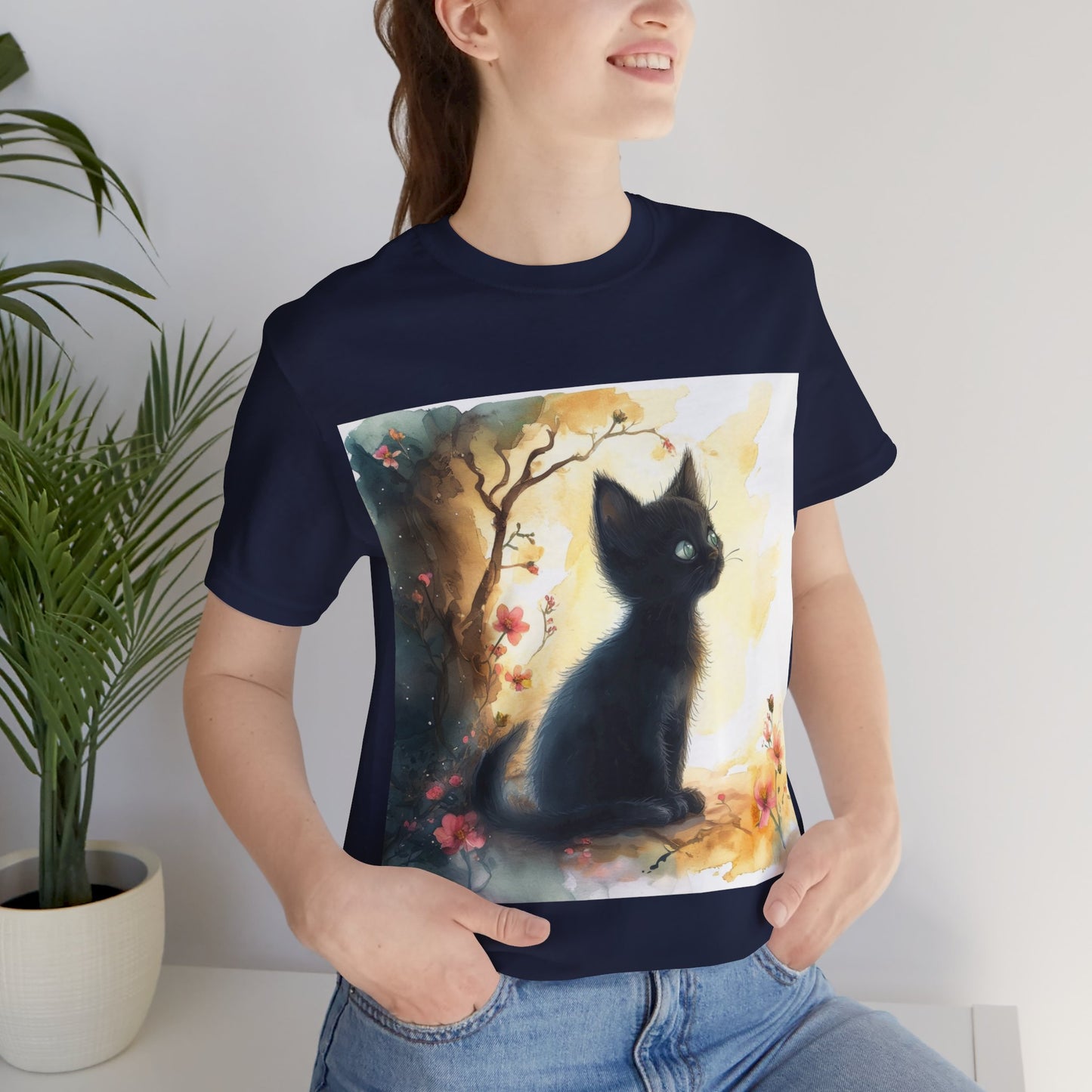 Floral Black Kitten Unisex Jersey Short Sleeve Tee