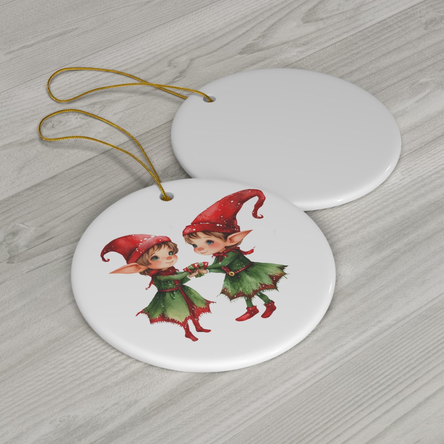 Cute Holiday Elves Ceramic Ornament, 2 Shapes