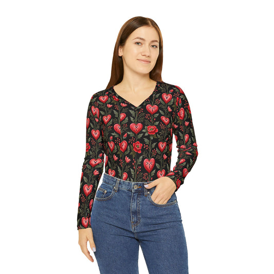 Heart Flowers Women's Long Sleeve V-neck Shirt (AOP)