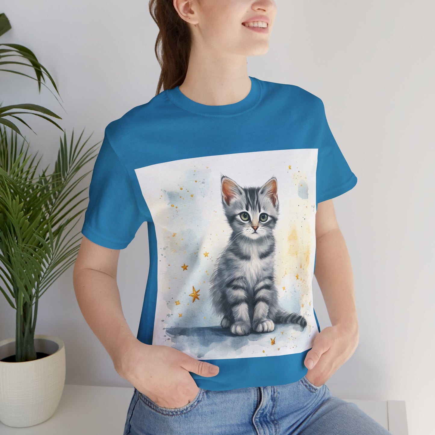 Watercolor Gray Striped Kitten Unisex Jersey Short Sleeve Tee