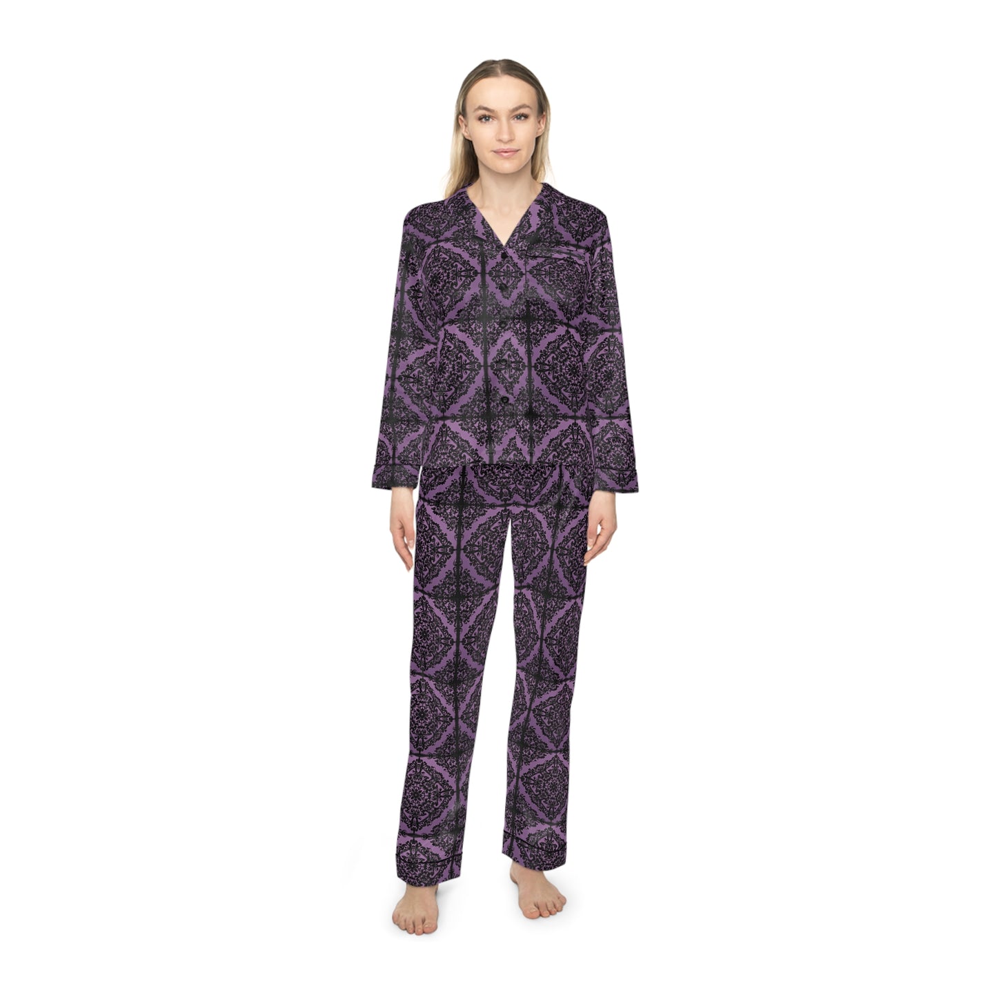 Intricate Black and Purple Pattern Women's Satin Pajamas (AOP)