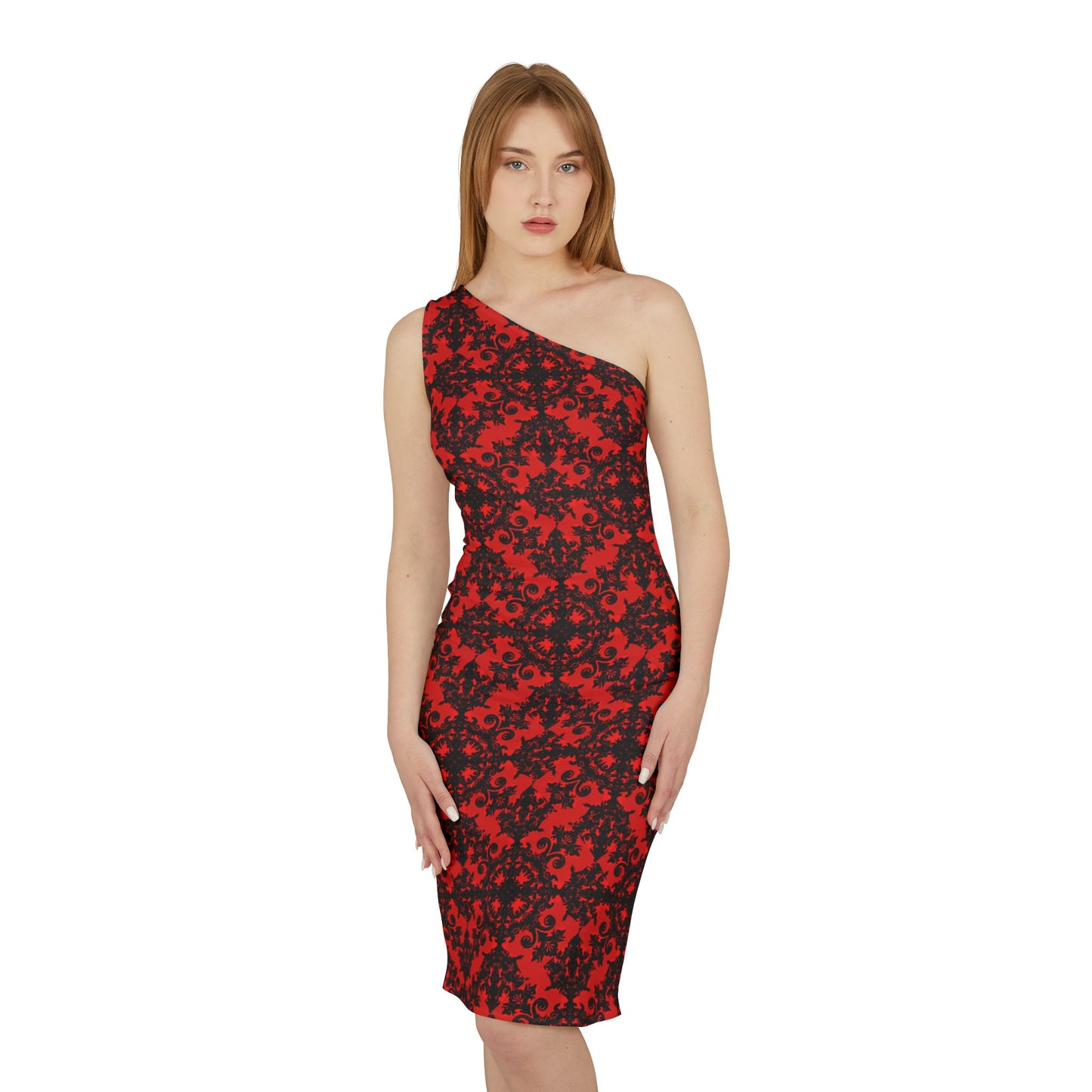 Dramatic Red and Black Pattern Shoulder Dress (AOP)