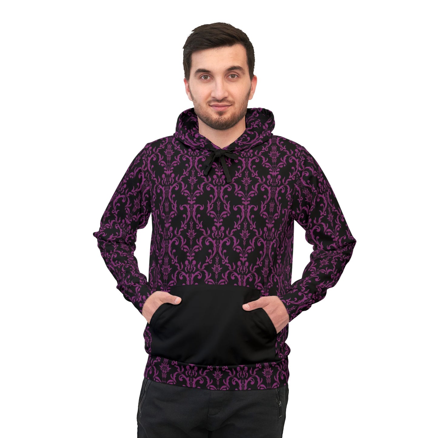 Purple and Black Victorian Gothic Damask Style Pattern Athletic Hoodie (AOP)