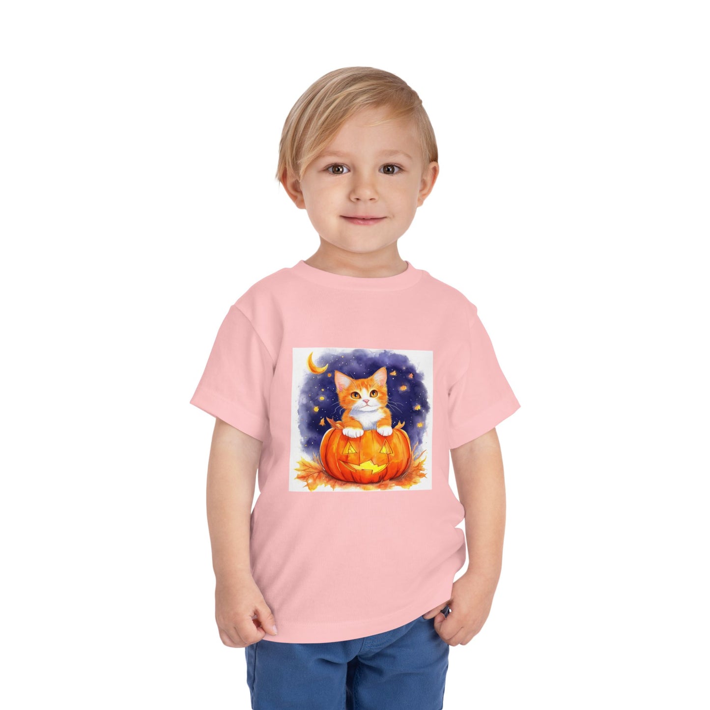 Fuzzy Halloween Pumpkin Cat Toddler Short Sleeve Tee