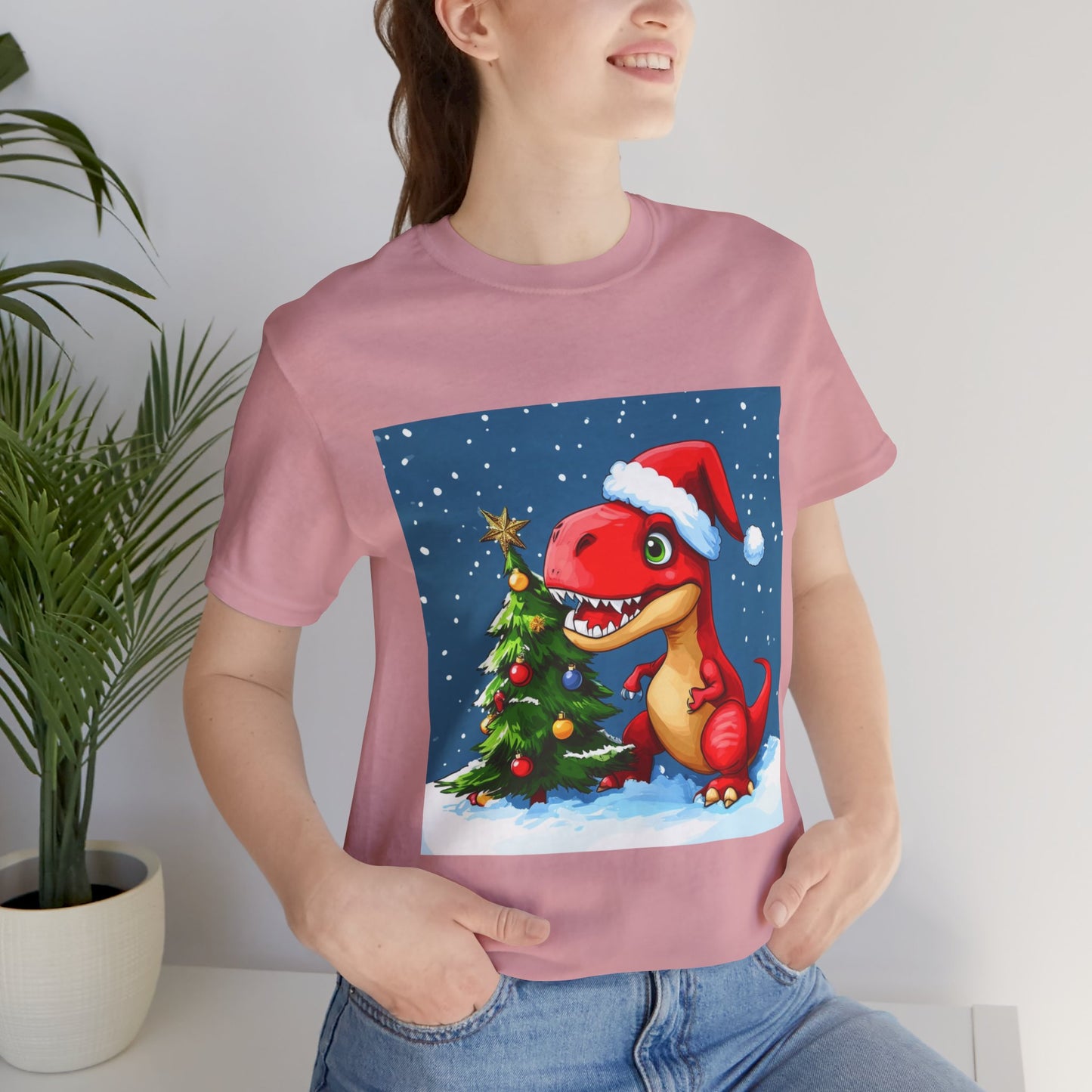 Red T-Rex Christmas Unisex Jersey Short Sleeve Tee