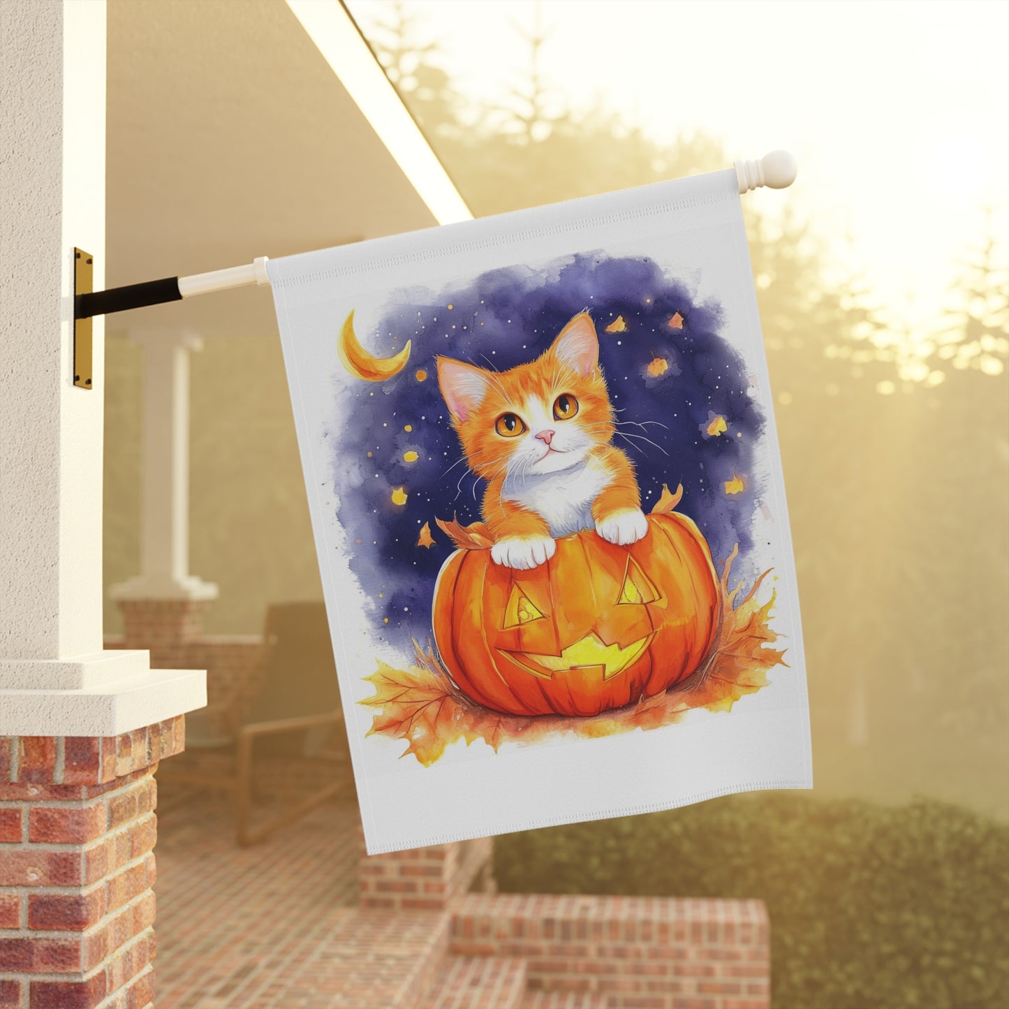 Fuzzy Halloween Pumpkin Cat Garden & House Banner