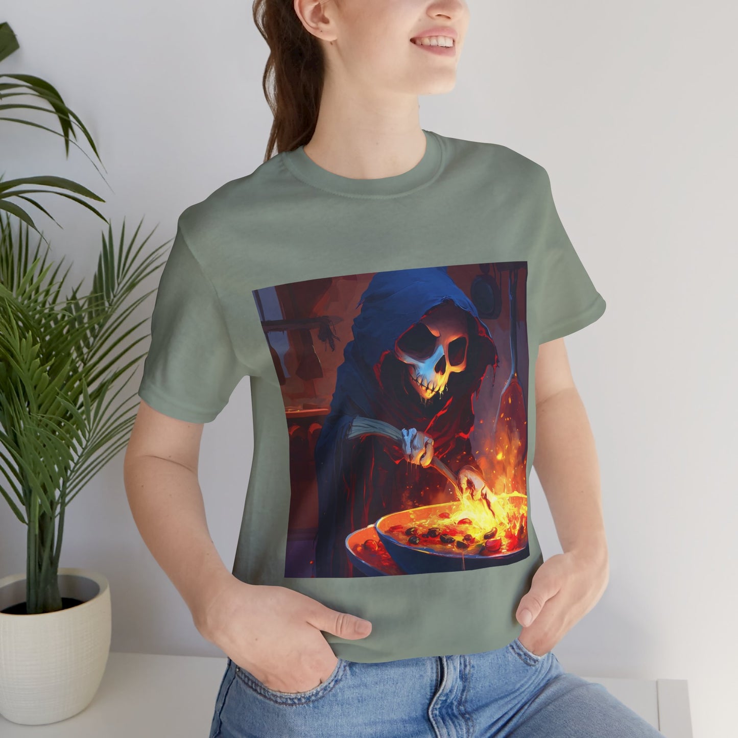 Fiery Grim Reaper Cooking Unisex Jersey Short Sleeve Tee