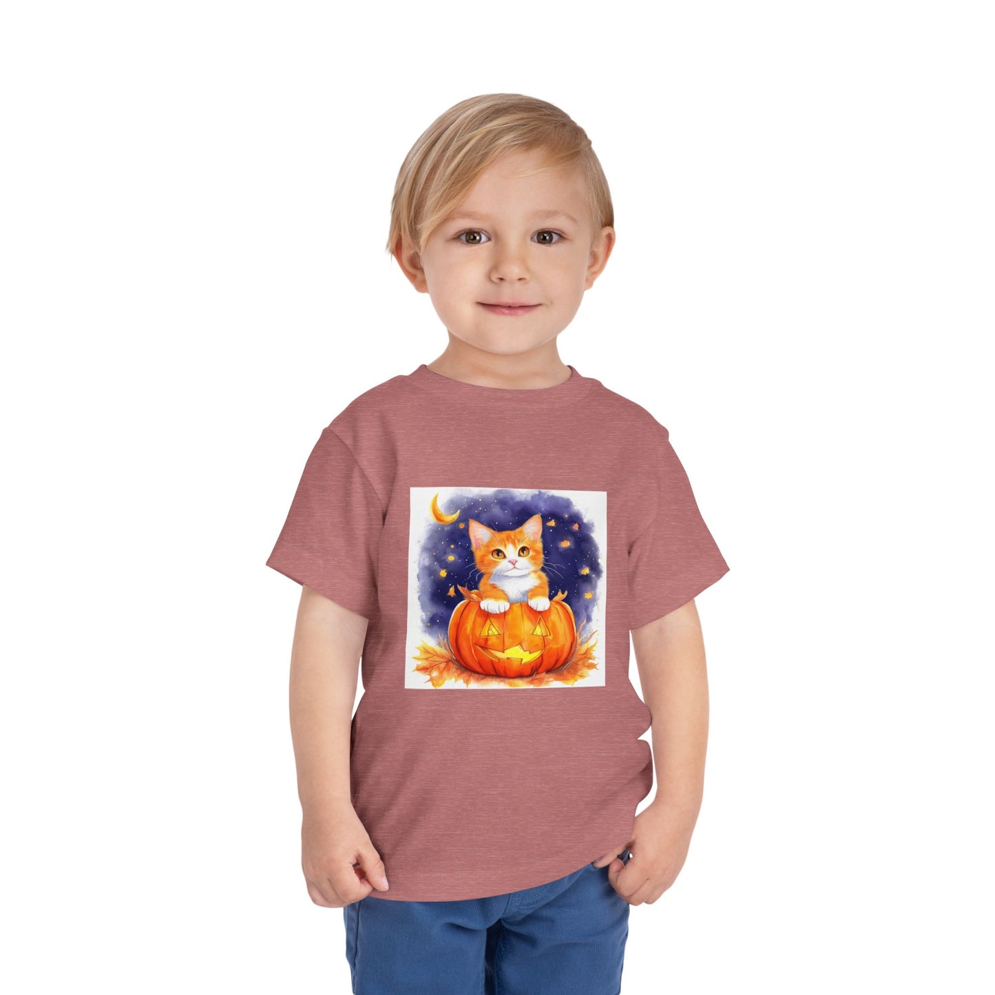 Fuzzy Halloween Pumpkin Cat Toddler Short Sleeve Tee