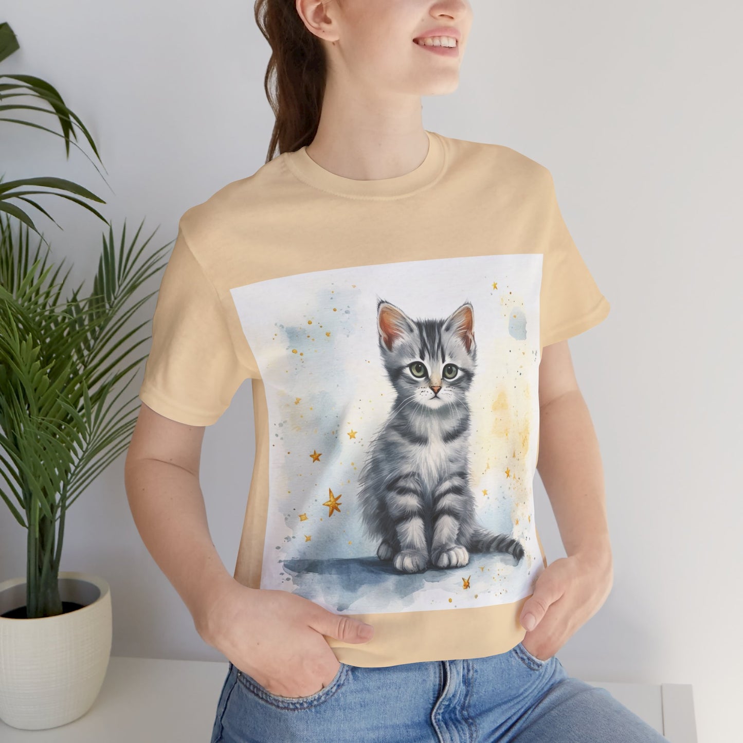 Watercolor Gray Striped Kitten Unisex Jersey Short Sleeve Tee