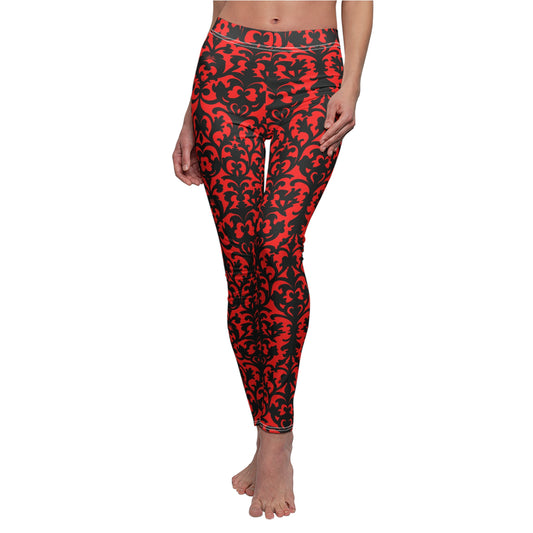 Red Victorian Gothic Damask Women's Cut & Sew Casual Leggings (AOP)