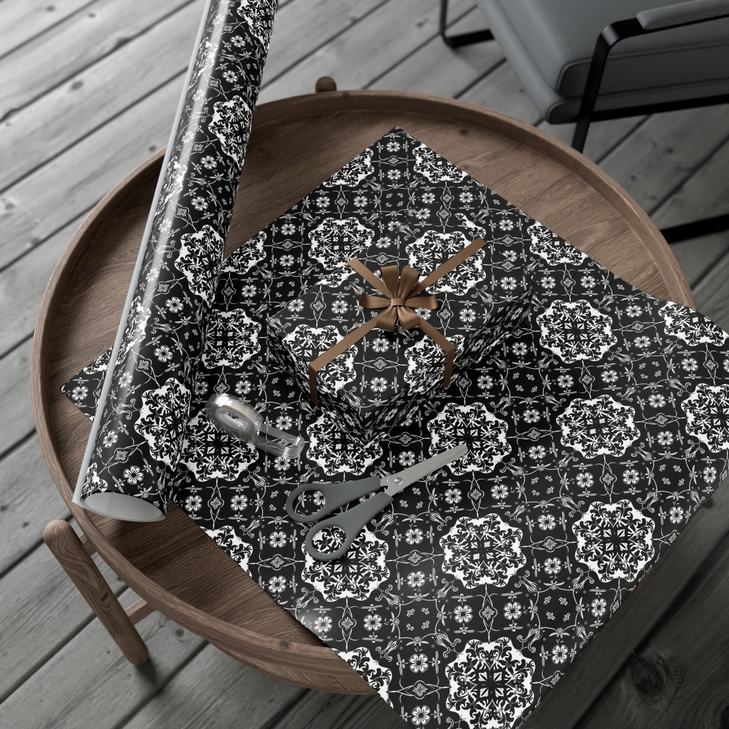 Black and Gray Flower Pattern Gift Wrap Papers