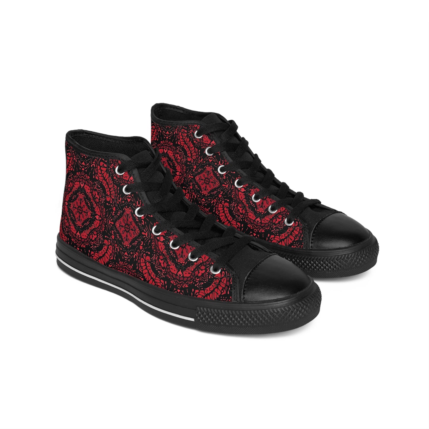 Intricate Red and Black Lace Pattern Women's Classic Sneakers