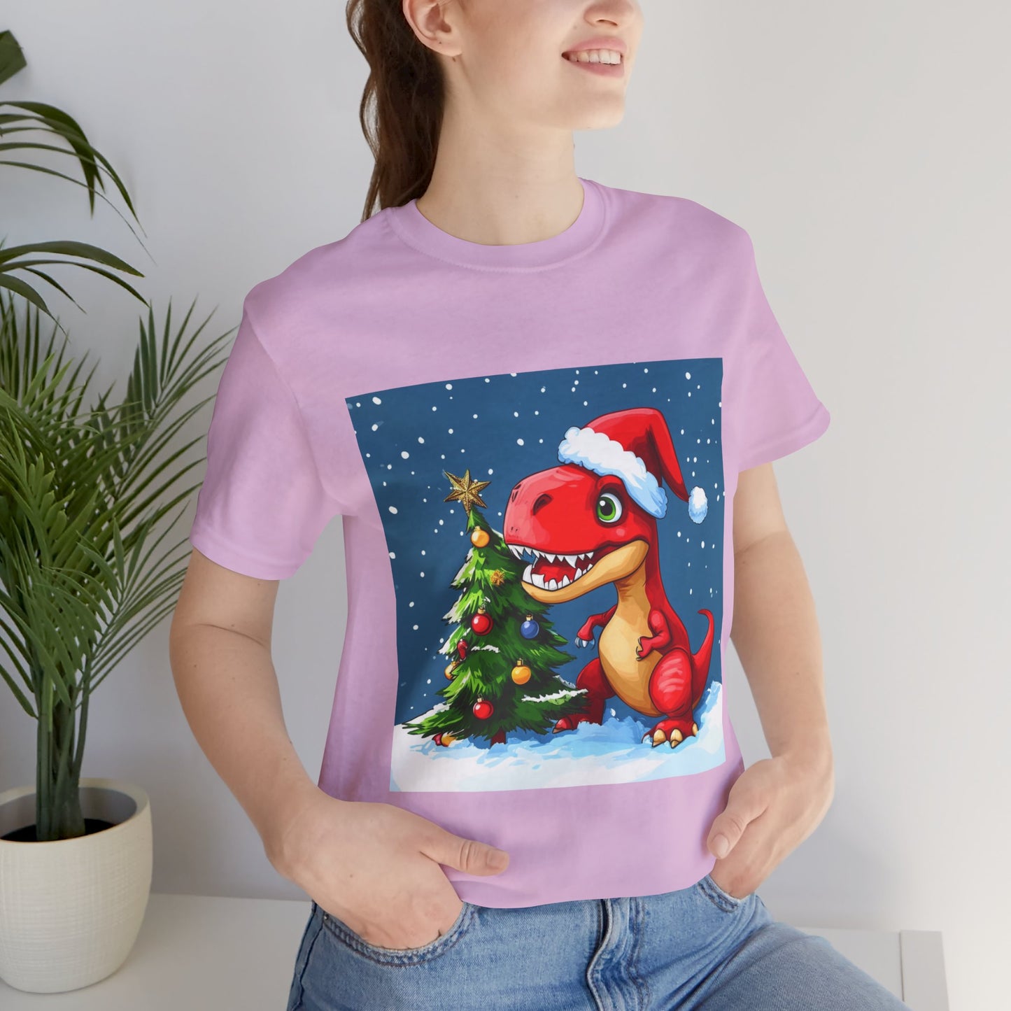 Red T-Rex Christmas Unisex Jersey Short Sleeve Tee