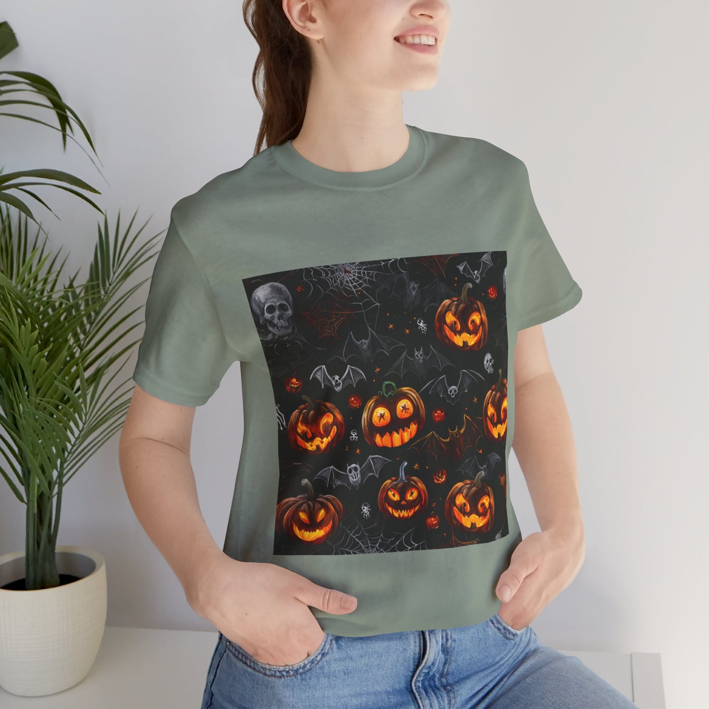 Spooky Pumpkin and Bats Pattern Unisex Jersey Short Sleeve Tee