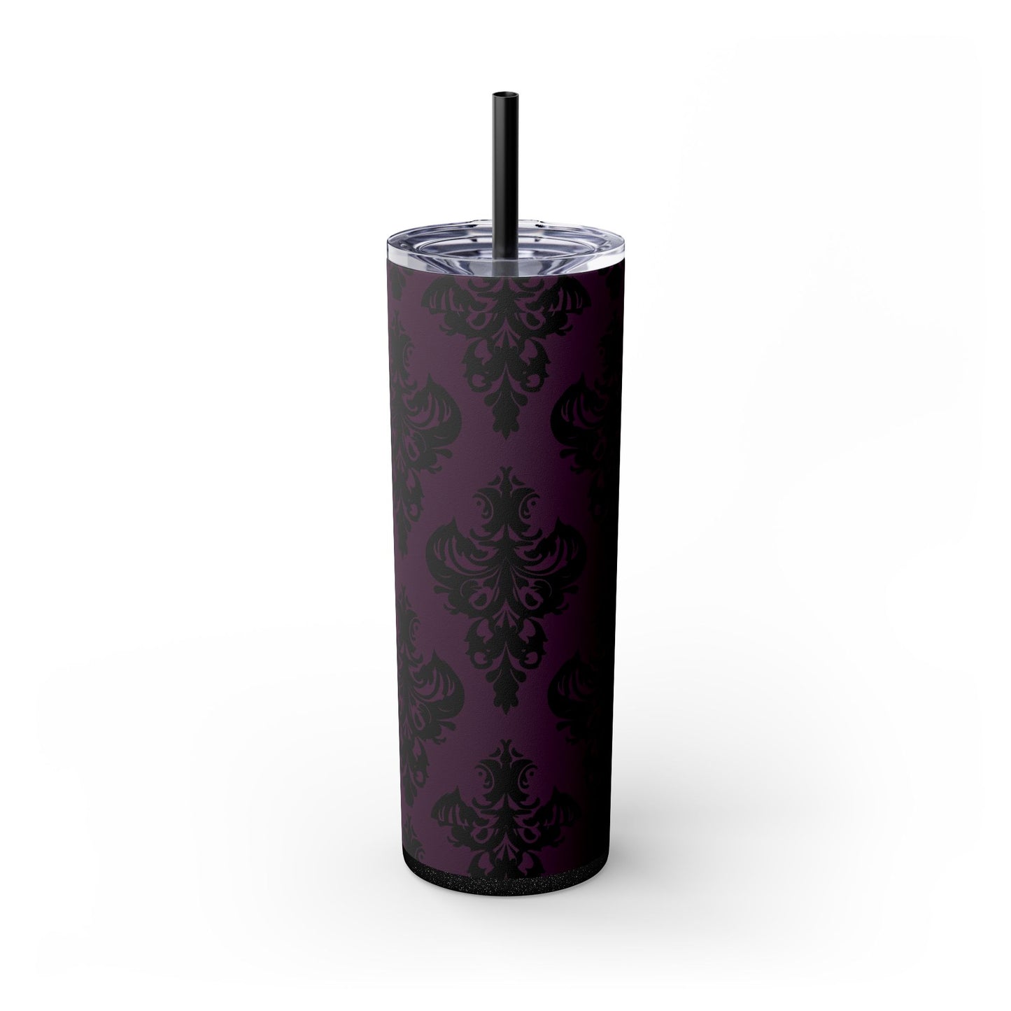 Purple and Black Victorian Damask Skinny Tumbler with Straw, 20oz