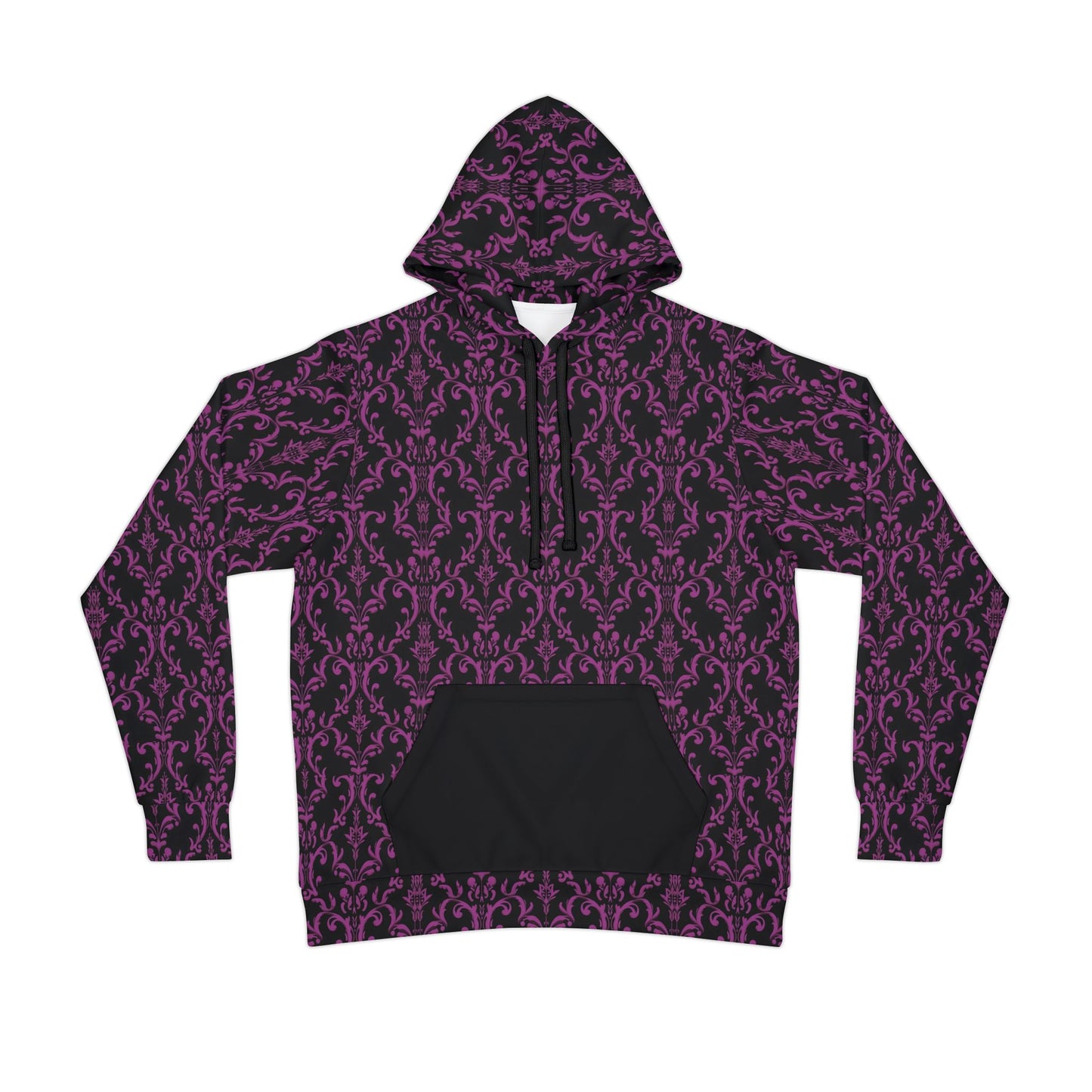 Purple and Black Victorian Gothic Damask Style Pattern Athletic Hoodie (AOP)