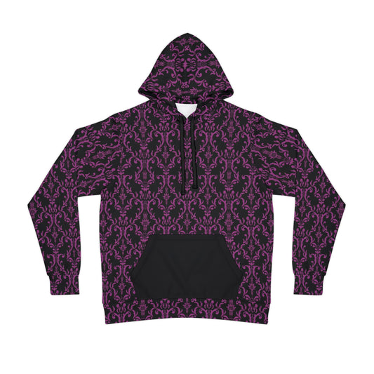 Purple and Black Victorian Gothic Damask Style Pattern Athletic Hoodie (AOP)