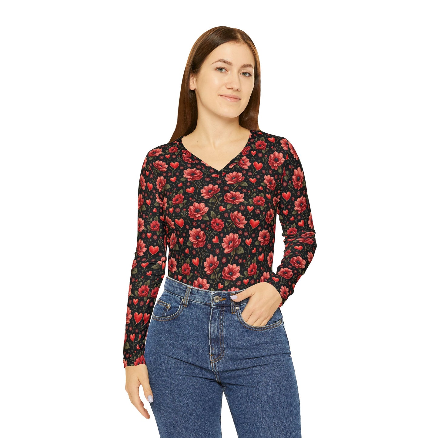 Harlequin Poppy Pattern Women's Long Sleeve V-neck Shirt (AOP)