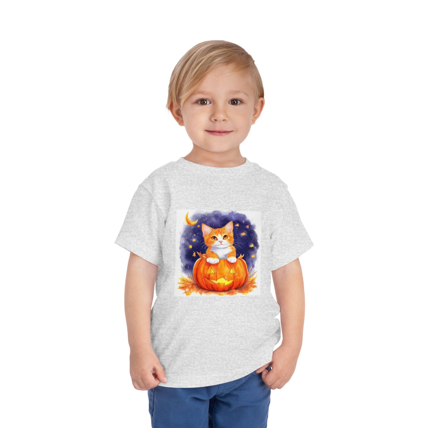 Fuzzy Halloween Pumpkin Cat Toddler Short Sleeve Tee