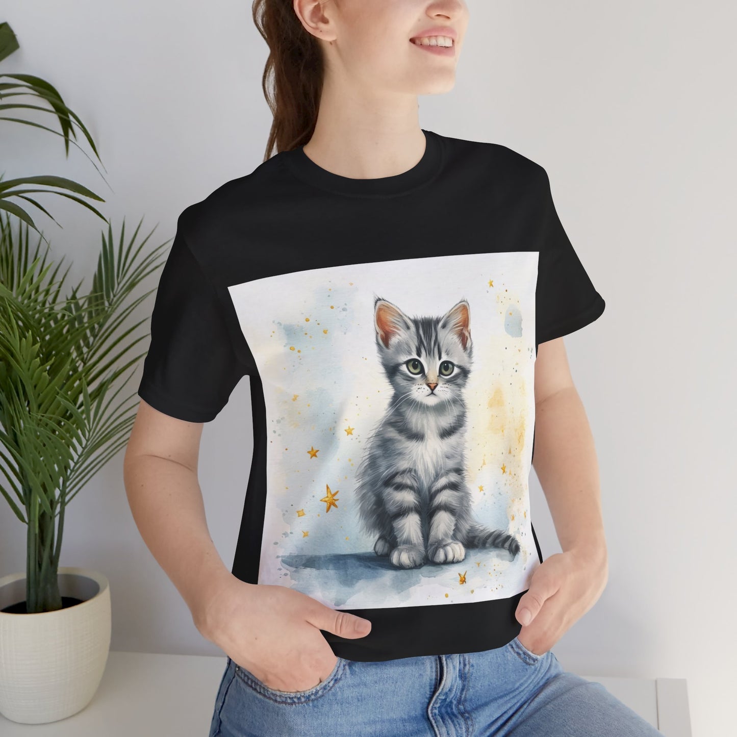 Watercolor Gray Striped Kitten Unisex Jersey Short Sleeve Tee