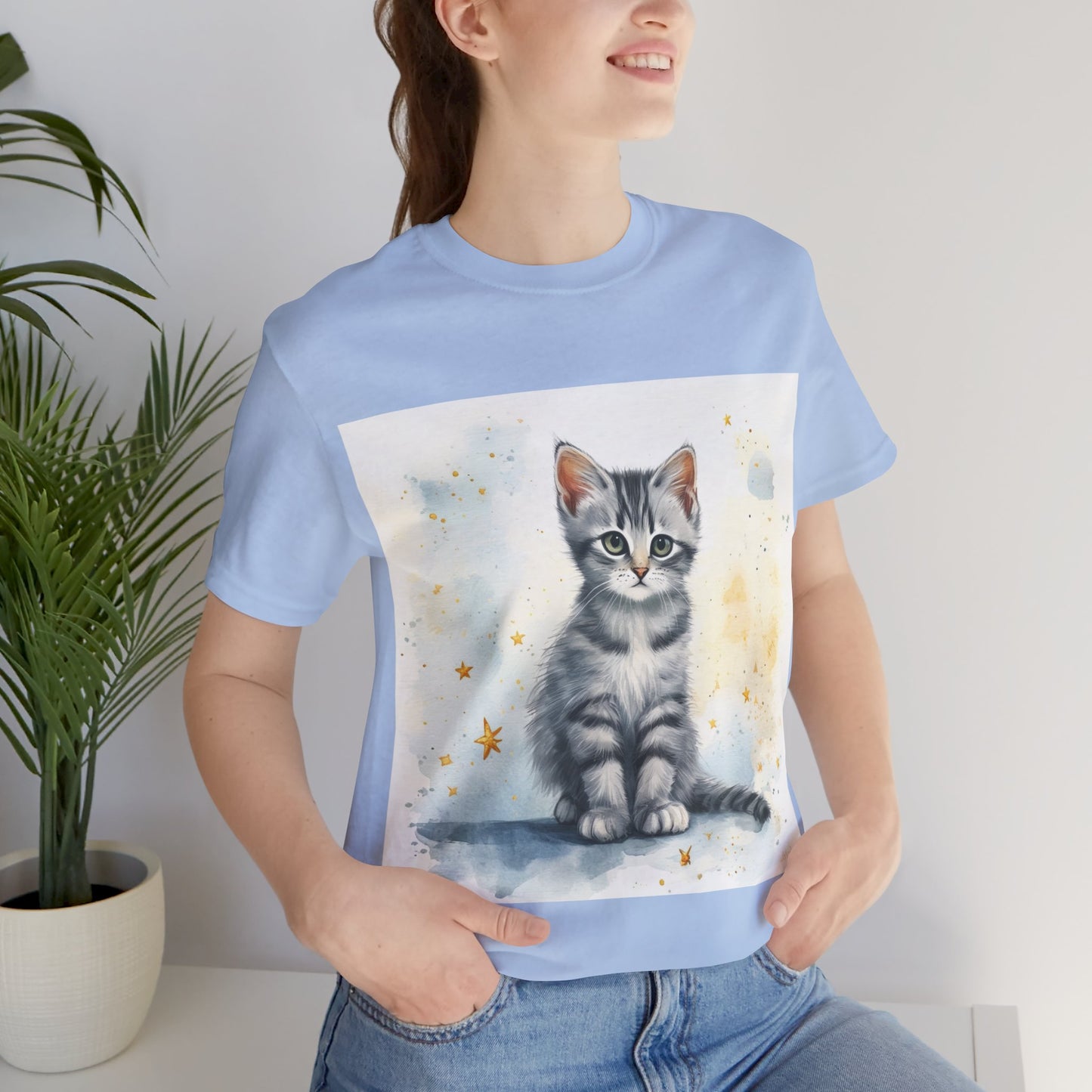 Watercolor Gray Striped Kitten Unisex Jersey Short Sleeve Tee