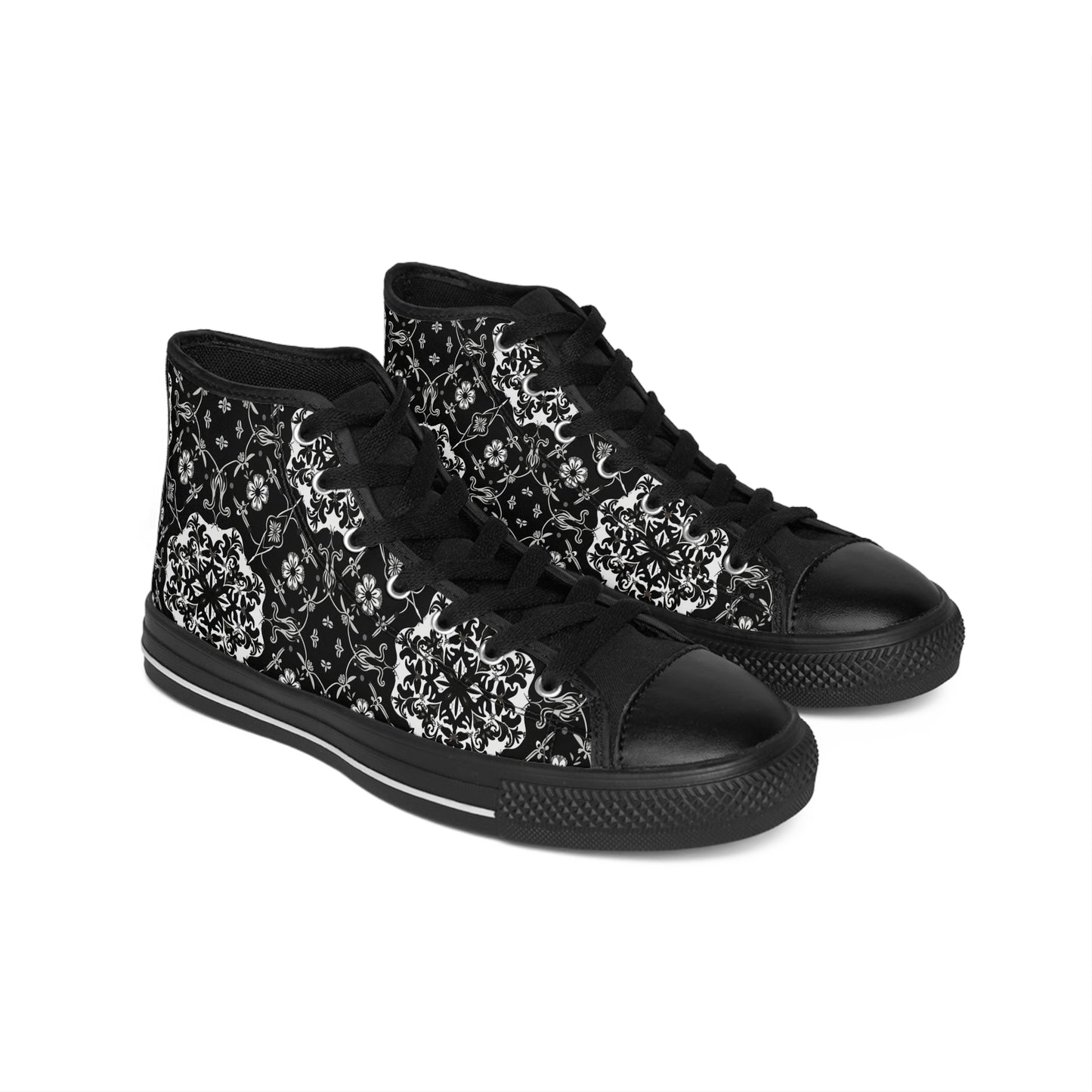 Black and Gray Flower Pattern Women's Classic Sneakers