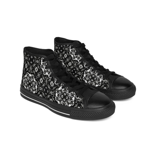 Black and Gray Flower Pattern Women's Classic Sneakers