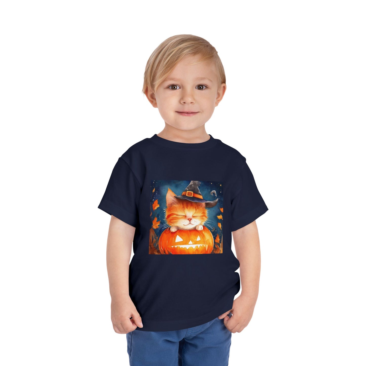 Cute Orange Cat on a Pumpkin Toddler Short Sleeve Tee