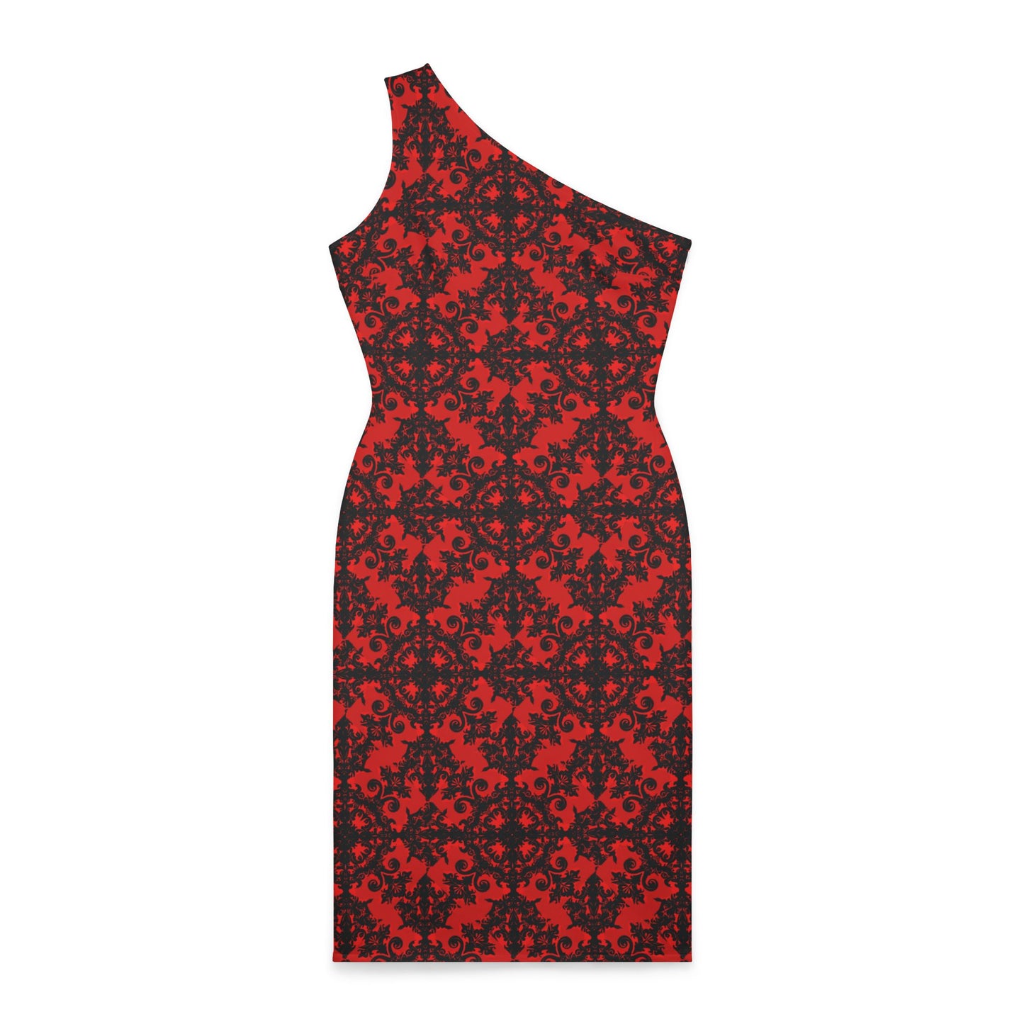 Dramatic Red and Black Pattern Shoulder Dress (AOP)