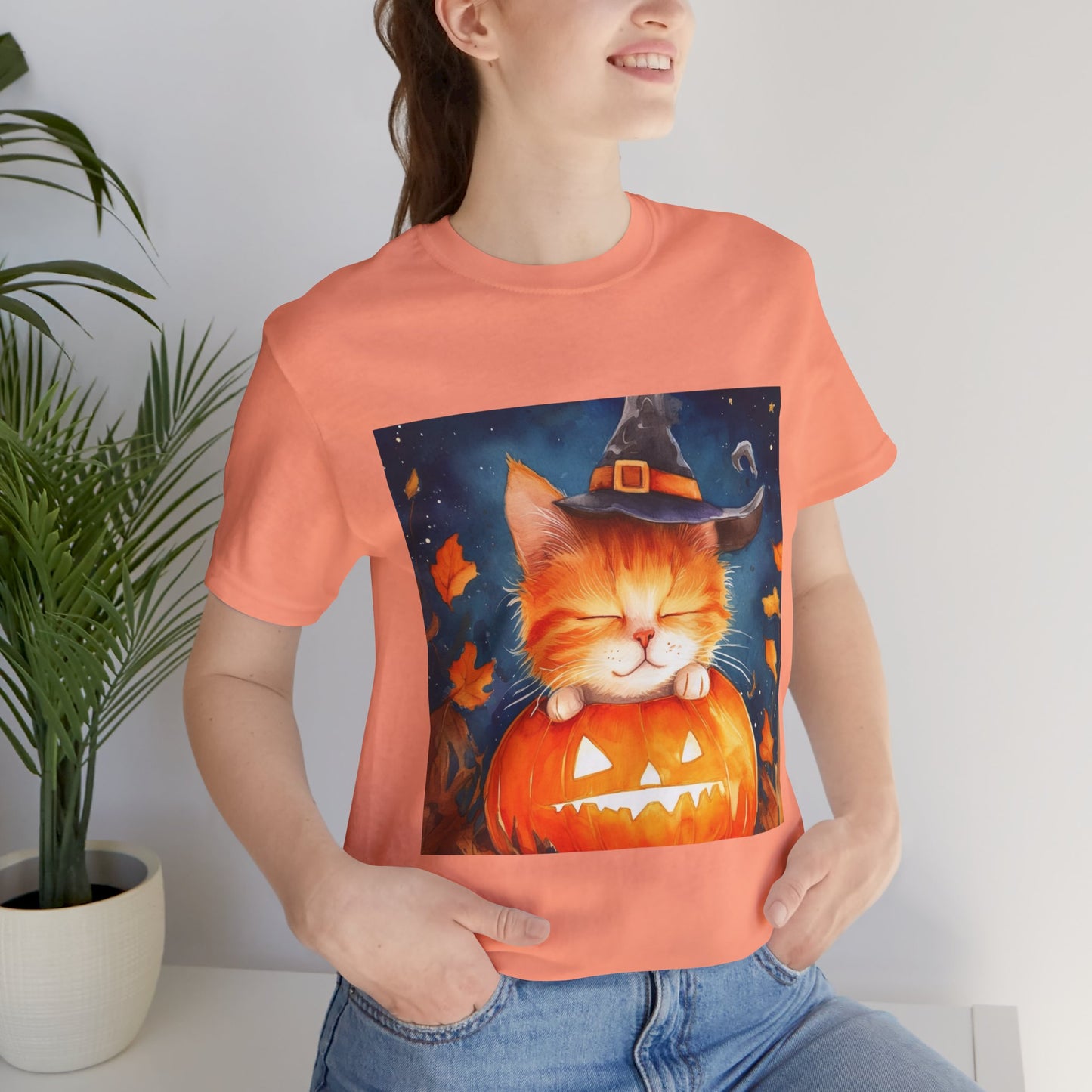 Cute Orange Cat on a pumpkin Unisex Jersey Short Sleeve Tee