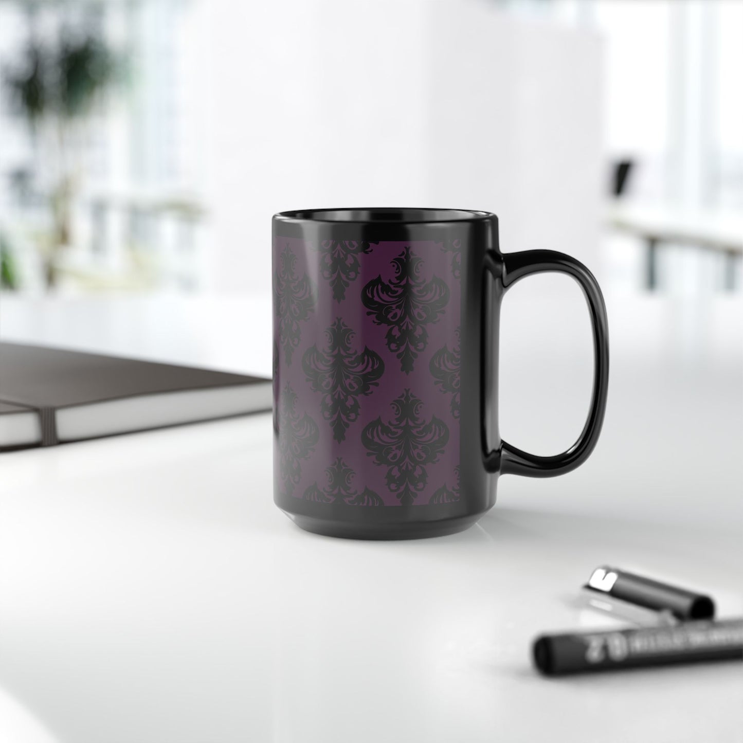 Purple and Black Victorian Damask Pattern Black Mug, 15oz