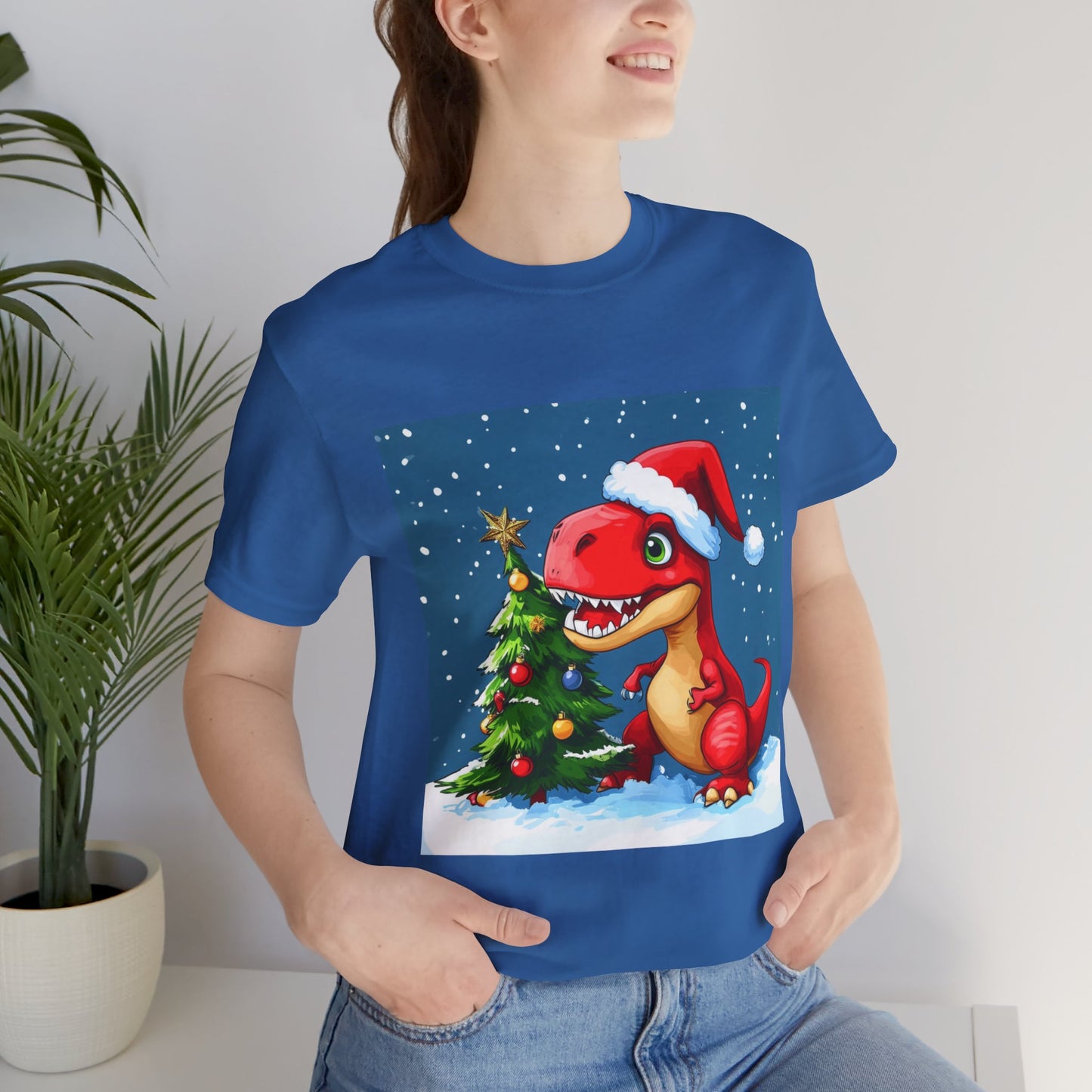 Red T-Rex Christmas Unisex Jersey Short Sleeve Tee