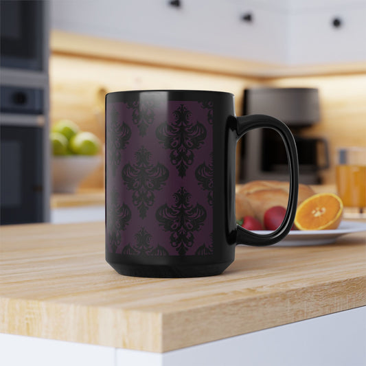 Purple and Black Victorian Damask Pattern Black Mug, 15oz