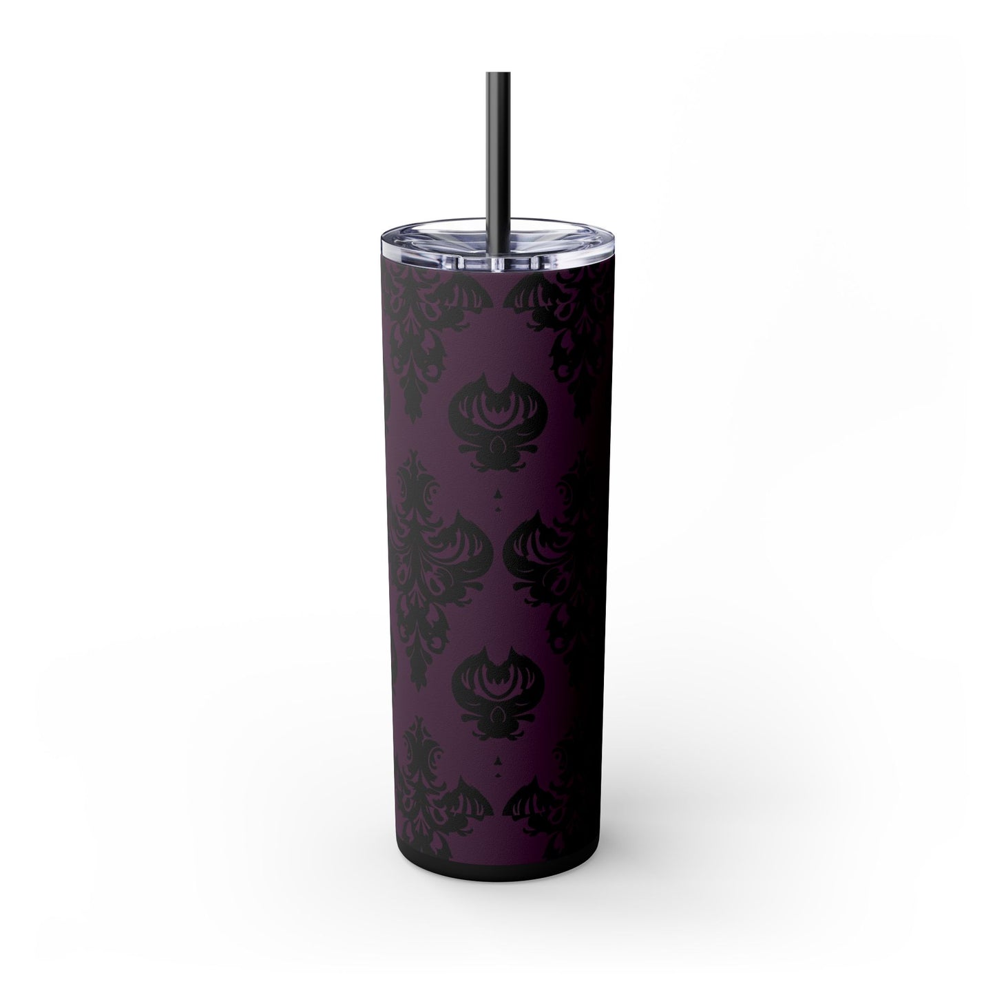 Purple and Black Victorian Damask Skinny Tumbler with Straw, 20oz