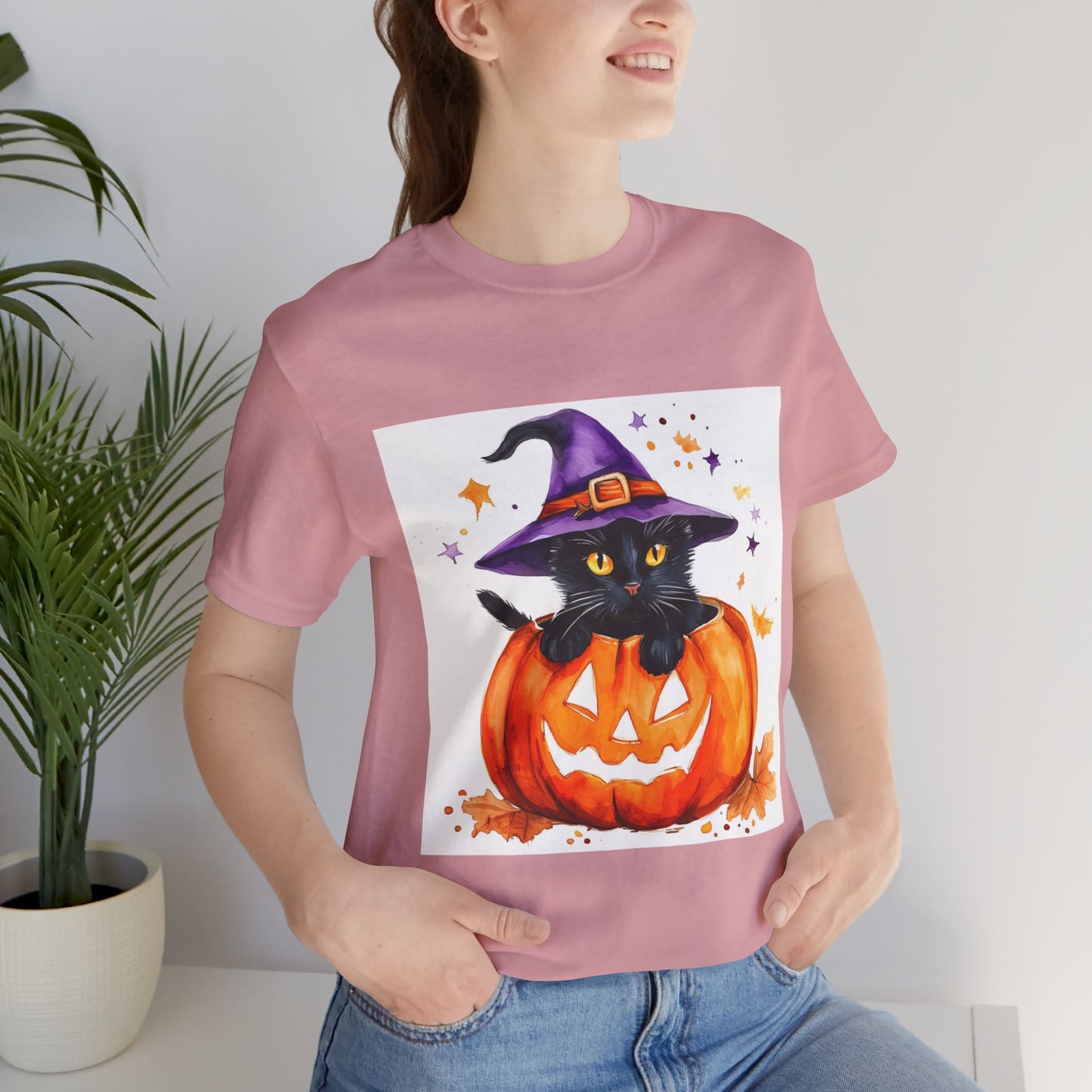 Cute Halloween Cat Jack o Lantern Unisex Jersey Short Sleeve Tee