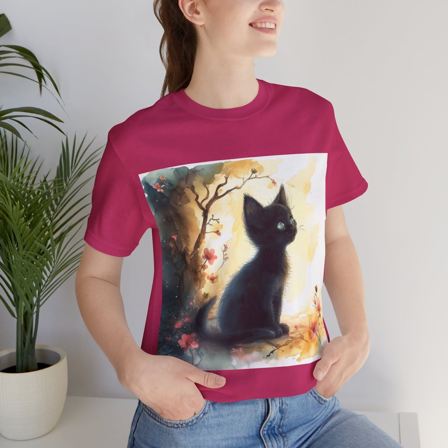 Floral Black Kitten Unisex Jersey Short Sleeve Tee