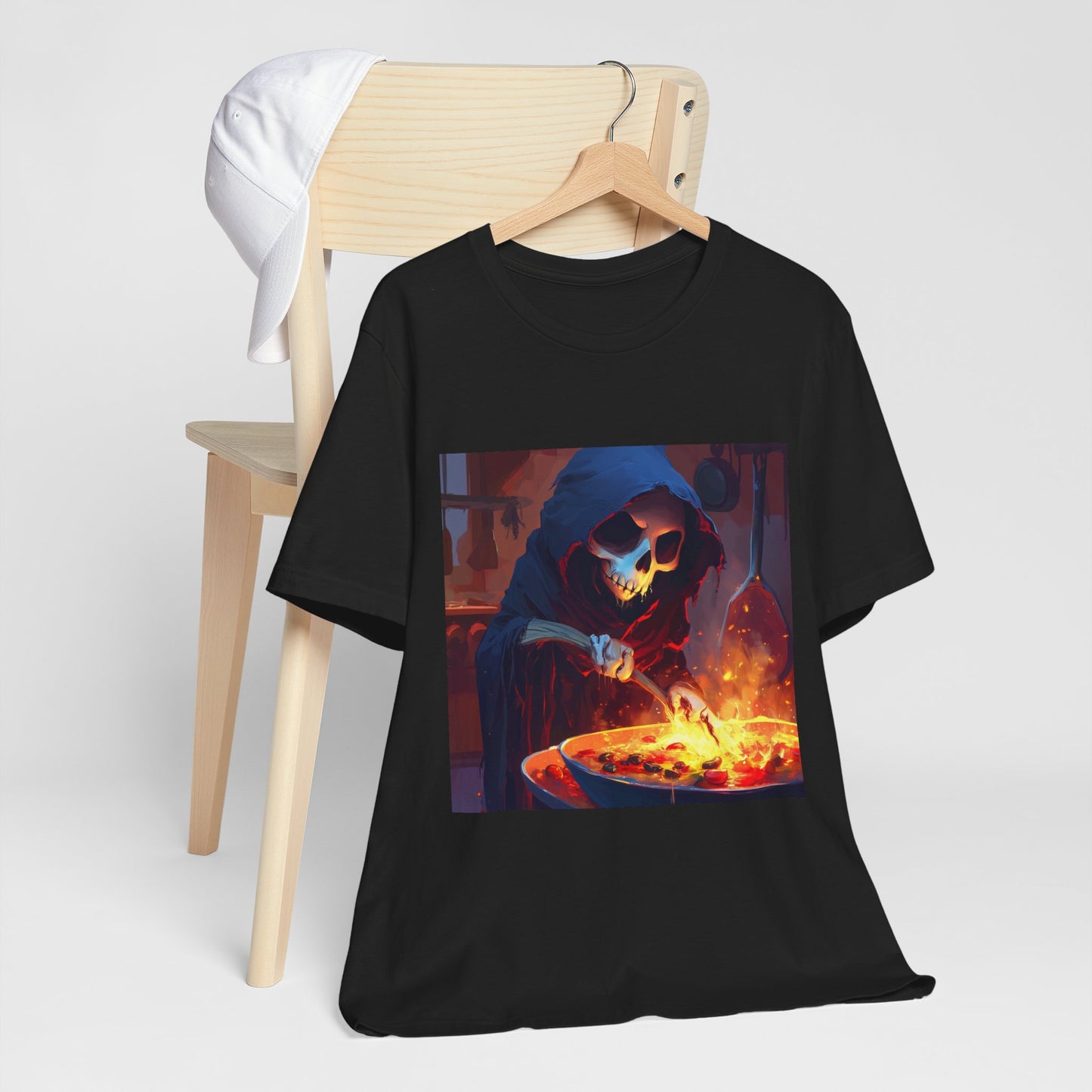 Fiery Grim Reaper Cooking Unisex Jersey Short Sleeve Tee