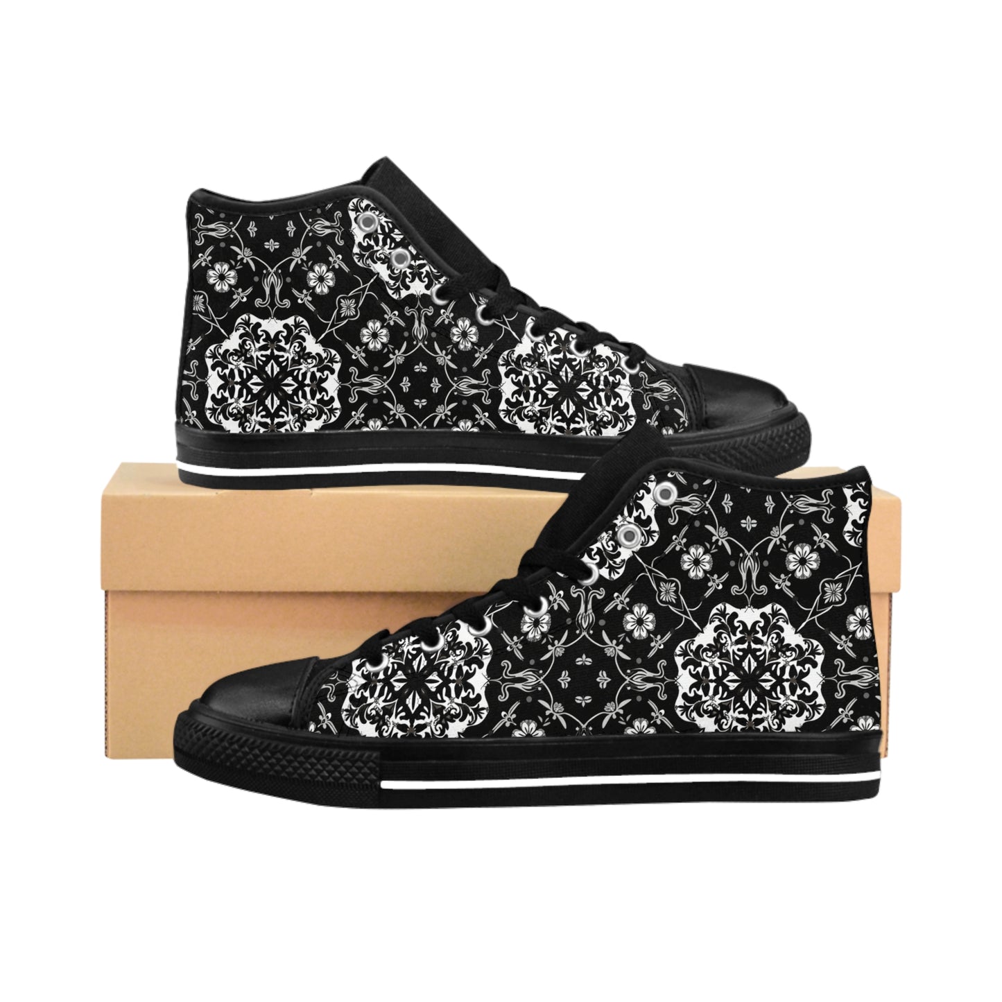 Black and Gray Flower Pattern Women's Classic Sneakers