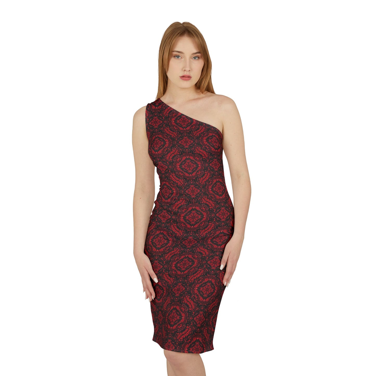 Red and Black Intricate Lace Pattern Shoulder Dress (AOP)