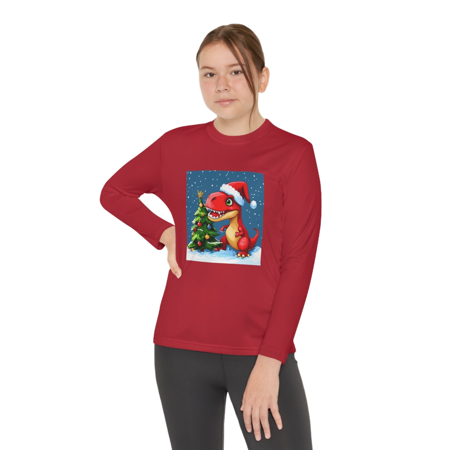 Red T-Rex Christmas Youth Long Sleeve Competitor Tee