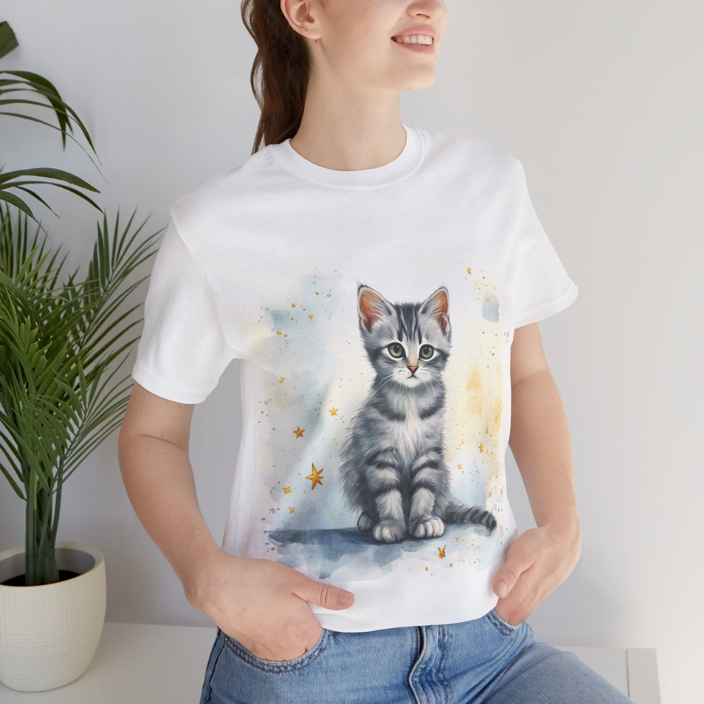 Watercolor Gray Striped Kitten Unisex Jersey Short Sleeve Tee